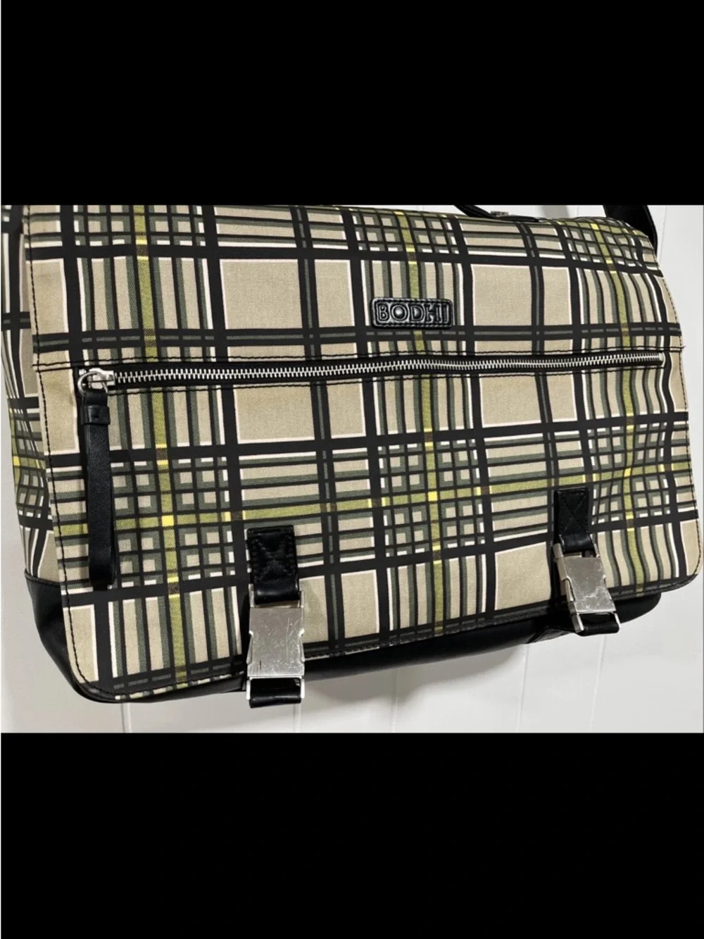 BODHI Plaid Messenger Bag Canvas Leather Trim Satchel Work Laptop Chic